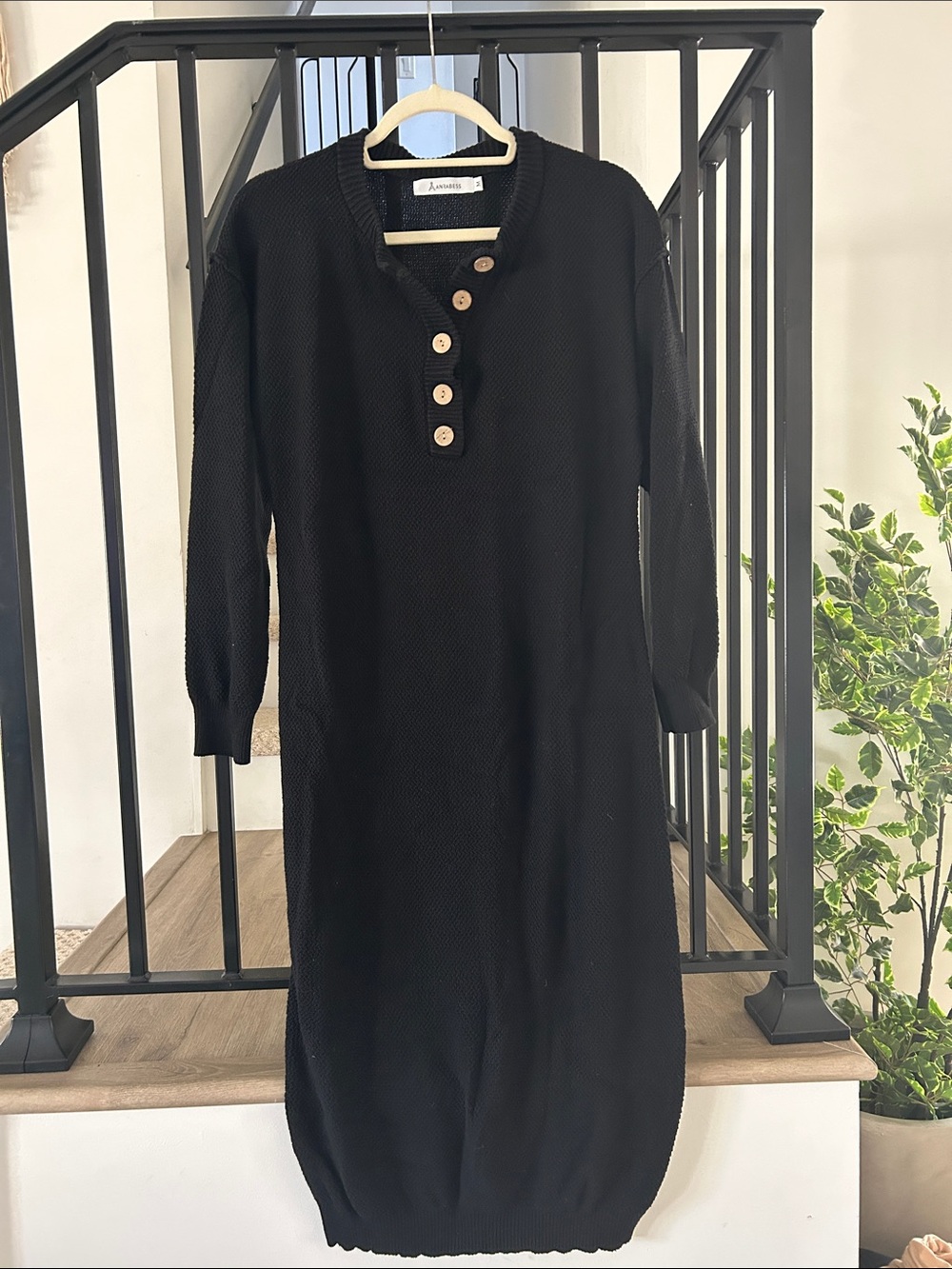 Black Knit Henley Sweater Dress - Unbranded